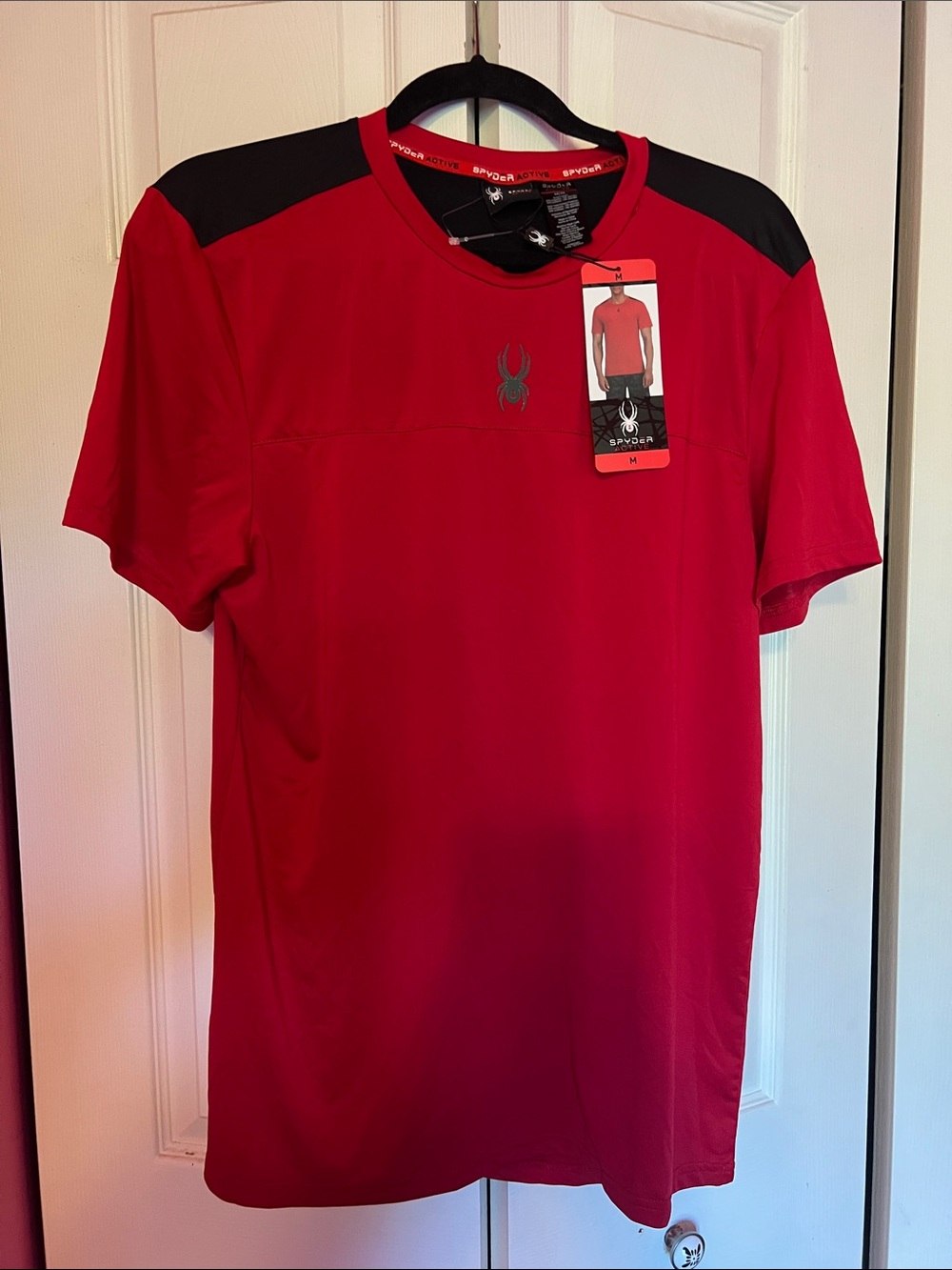 NEW…Spyder Red Short Sleeve Performance Tee with Black Shoulder Panels